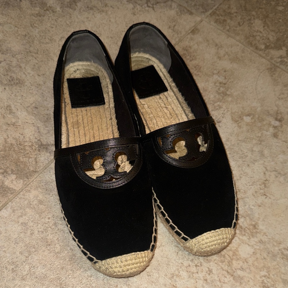 Tory Burch Black Espadrille Flats with Leather Logo Trim
